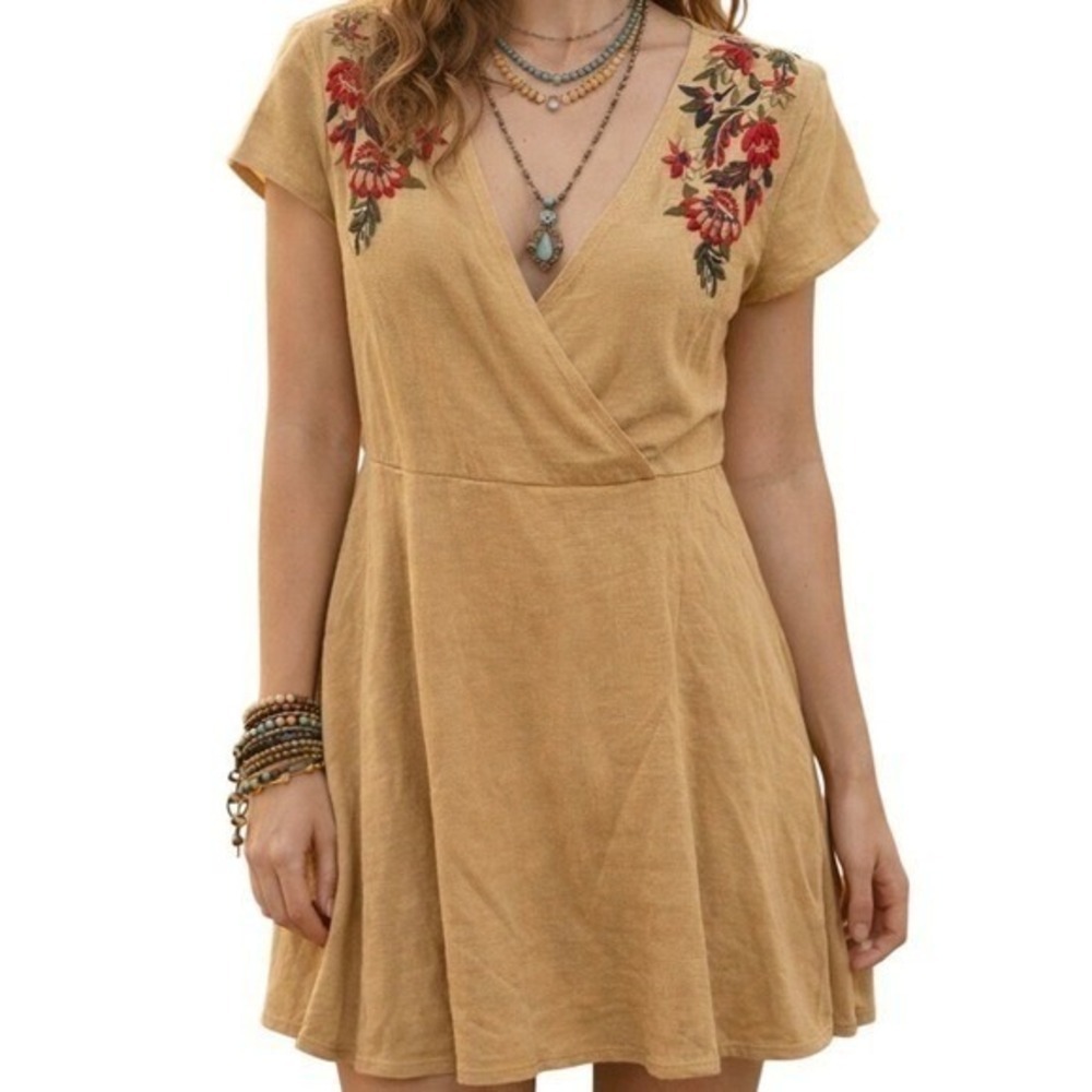 ZARA Boho Embroidered Spring Summer Wrap Dress Small Folk Floral Mini V-Neck